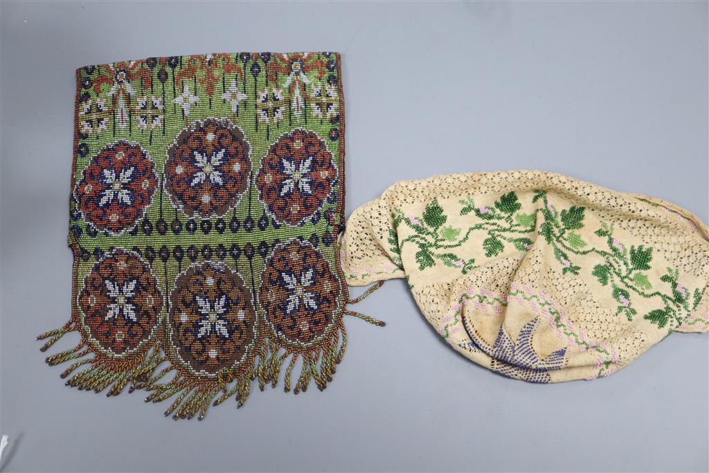 An early 20th century beadwork purse and an unmounted baby bonnet